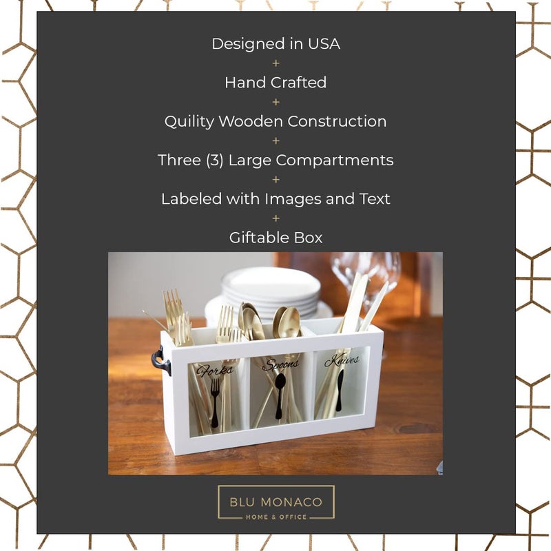 BLU MONACO White Wooden Cutlery & Utensil Caddy | Flatware Organizer for Forks, Spoons & Knives | Portable Silverware Holder with Handles â€“ Kitchen Countertop or Table Organizer, 12 x 3 x 6 in - Image 3